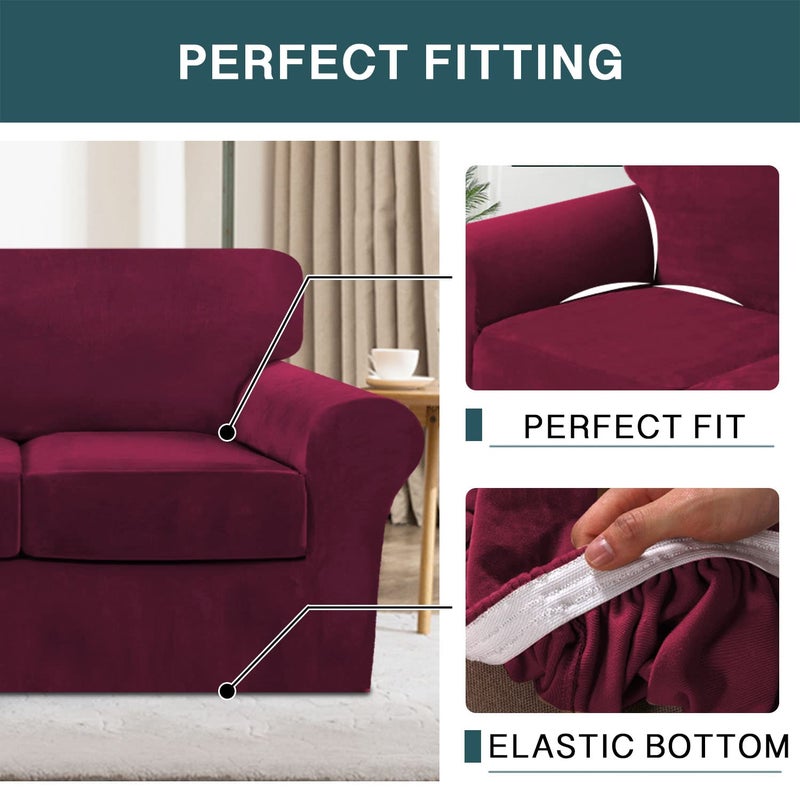 FantasDecor 4 Piece Sofa Velvet Couch Covers for 3 Cushion Stretch Slipcover with Individual Seat Cushion Elastic Furniture Protector for Pets, Machine Washable (Sofa, Burgundy) - Image 5